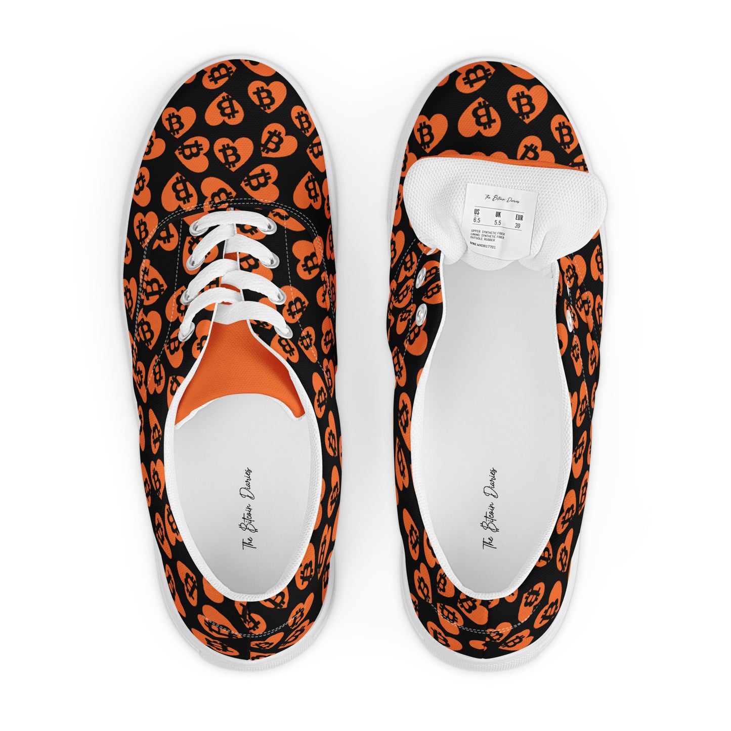 Pair of sneakers with orange and black bitcoin pattern on a white background