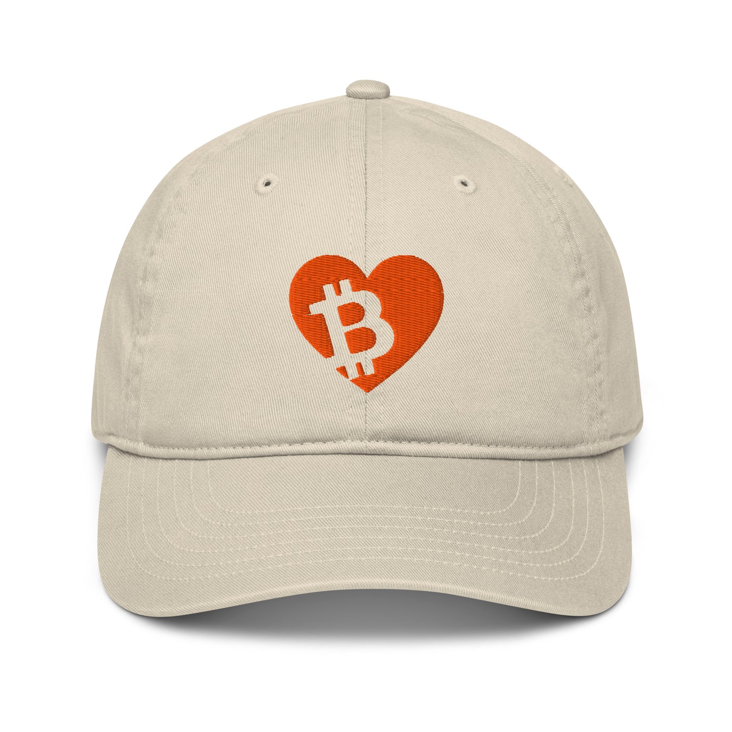 Beige cap with a orange heart and Bitcoin symbol on a white background