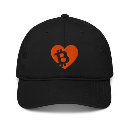 Black cap with an orange heart and Bitcoin symbol on a white background