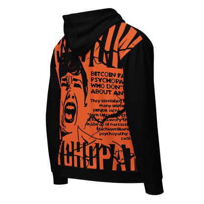 Black hoodie with orange bitcoin psychopath graphic design and text on a white background