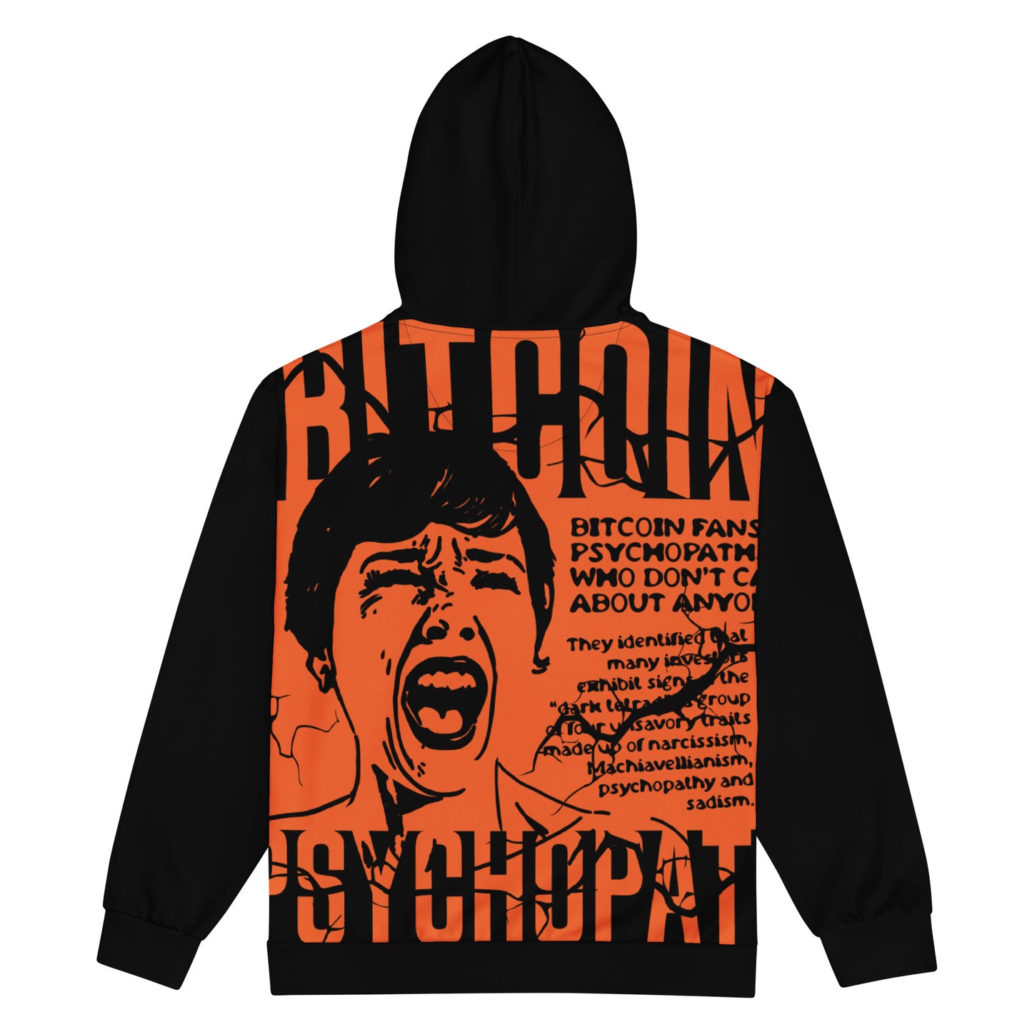 Black hoodie with orange bitcoin psychopath graphic design on a white background