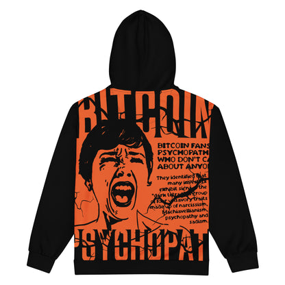 Black hoodie with orange bitcoin psychopath graphic design on a white background