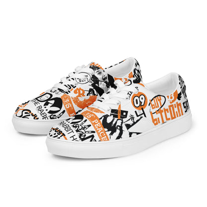 White bitcoin sneakers with black and orange graphics on a white background