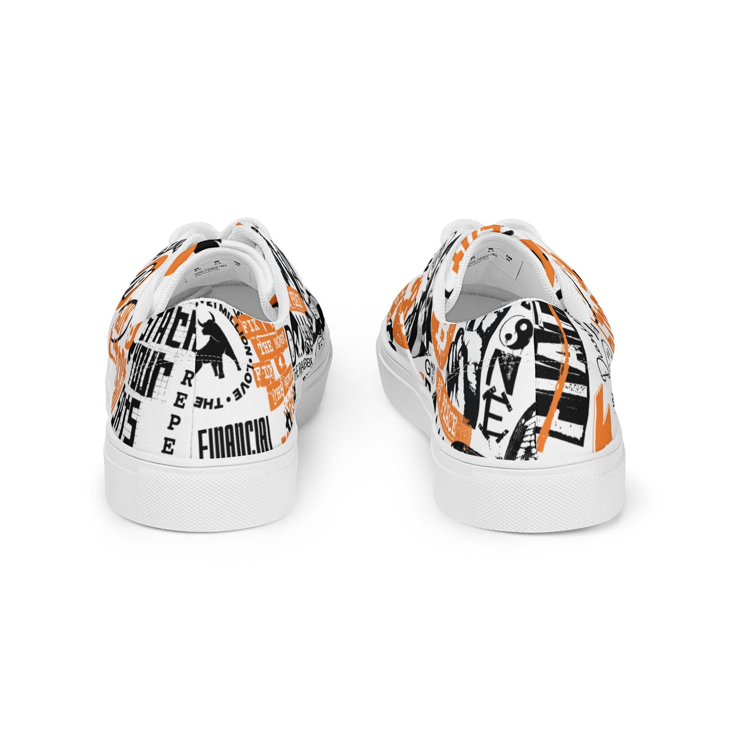 White sneakers with black and orange text pattern on a white background