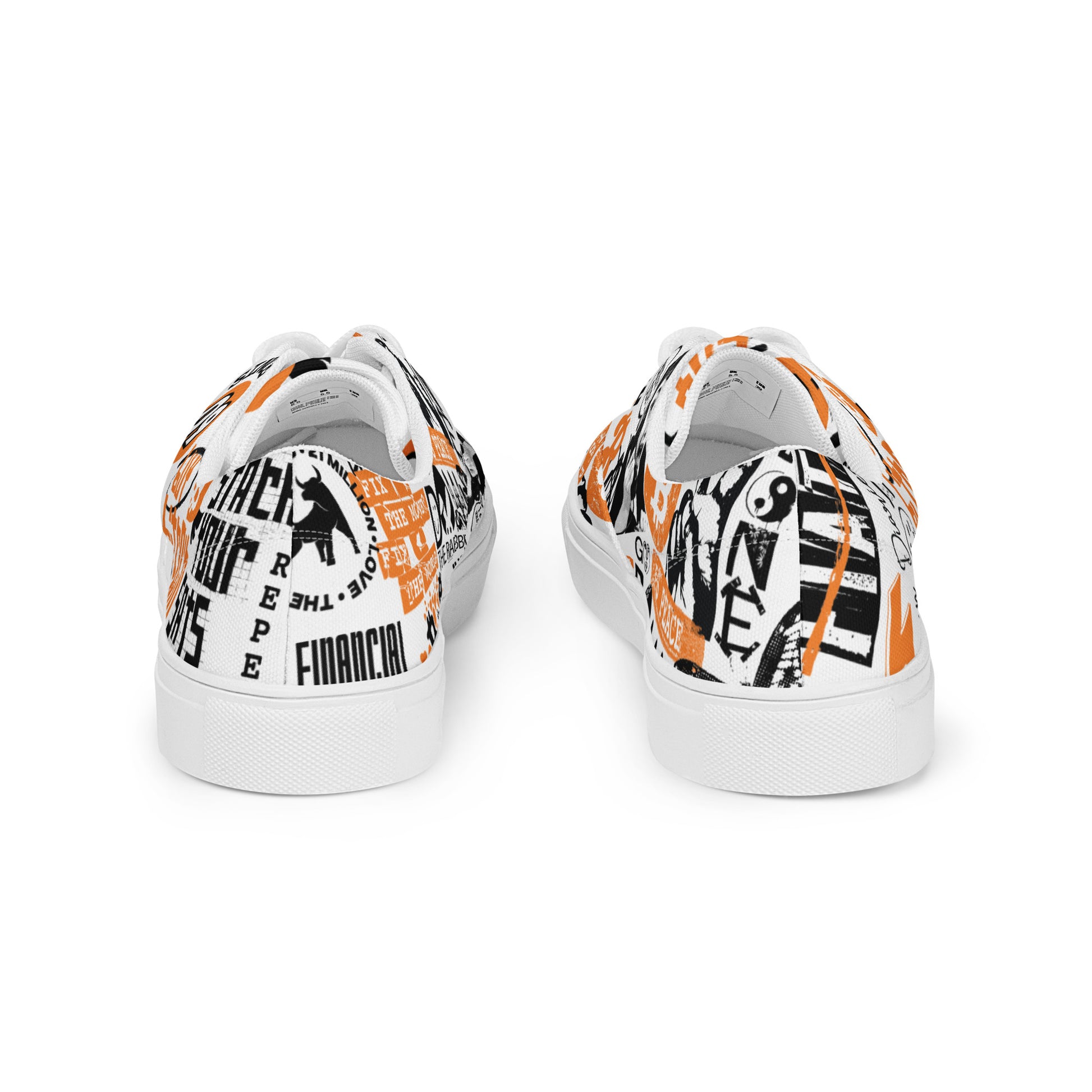 White sneakers with black and orange text pattern on a white background
