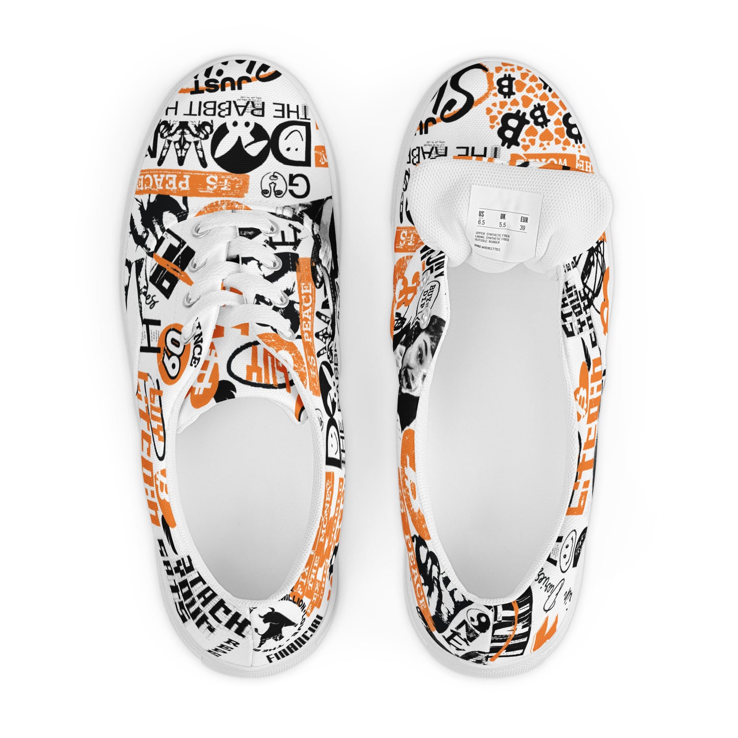 White bitcoin sneakers with black and orange graphics on a white background