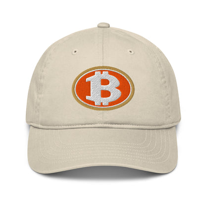Beige cap with Bitcoin logo on a white background