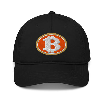 Black cap with Bitcoin logo on a white background