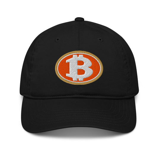 Black cap with Bitcoin logo on a white background