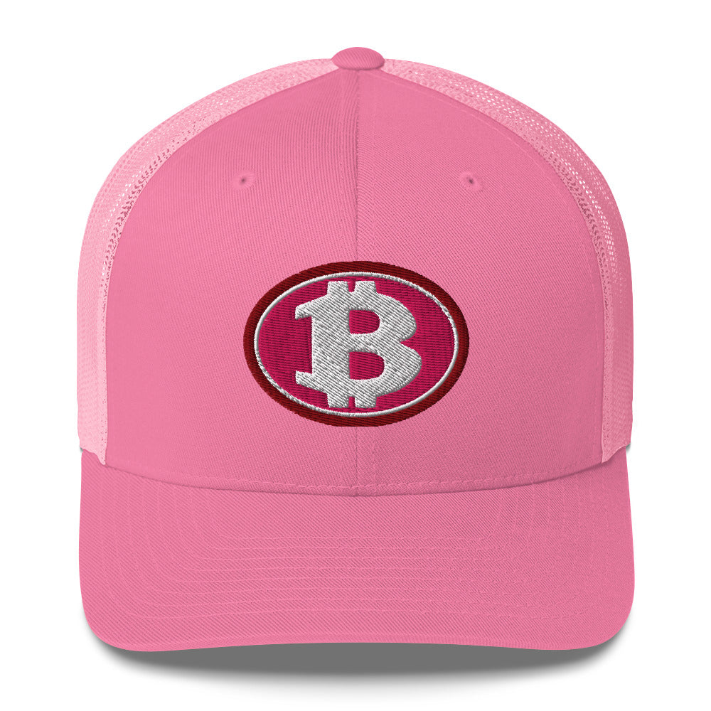 Pink cap with Bitcoin logo on a white background