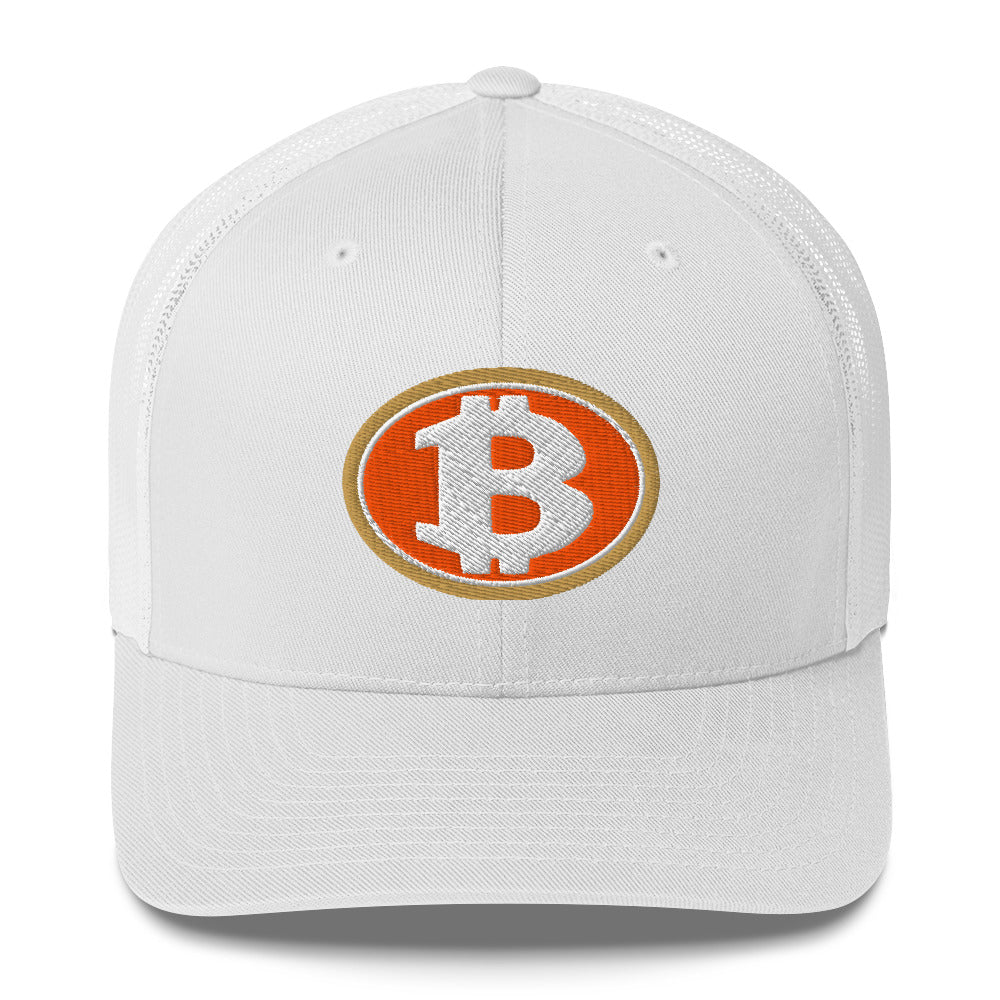 White cap with Bitcoin logo on a white background