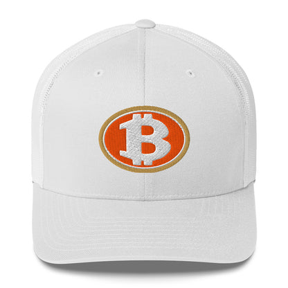 White cap with Bitcoin logo on a white background
