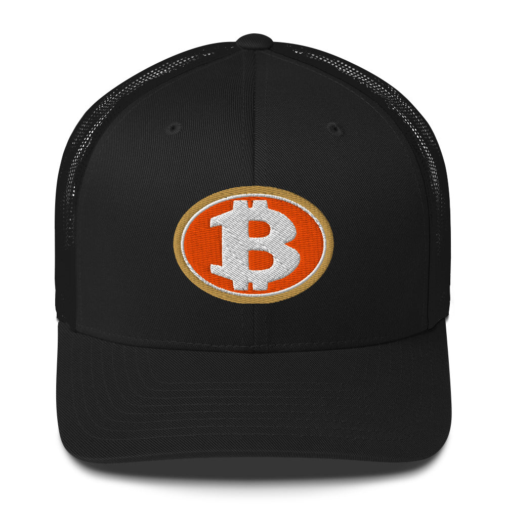Black cap with Bitcoin logo on an orange background