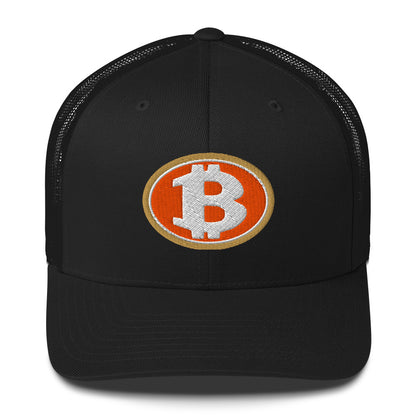 Black cap with Bitcoin logo on an orange background