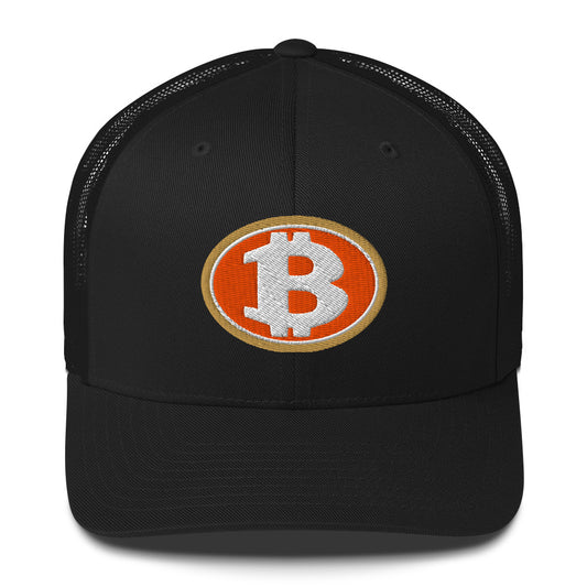Black cap with Bitcoin logo on an orange background