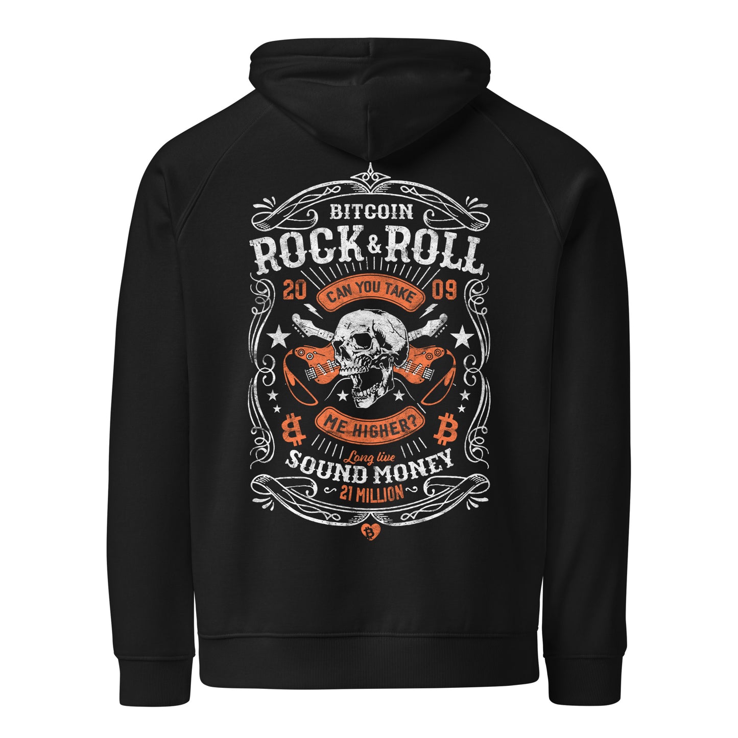 Black hoodie with Bitcoin Rock & Roll design on a white background