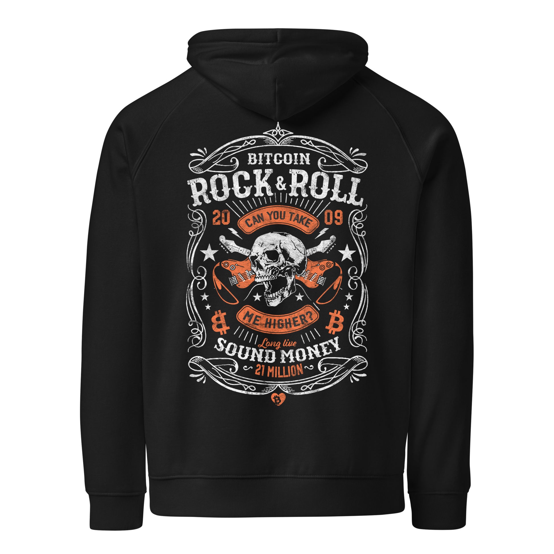 Black hoodie with Bitcoin Rock & Roll design on a white background