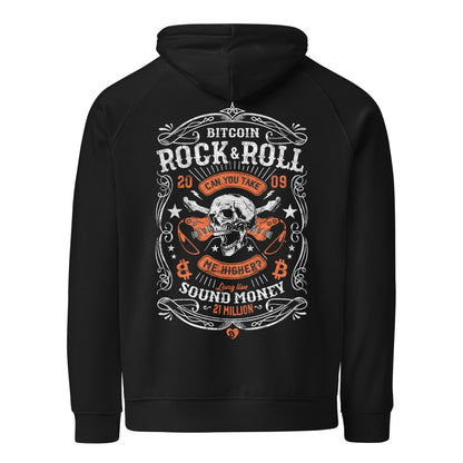Black hoodie with Bitcoin Rock & Roll design on a white background