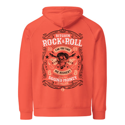 Orange hoodie with Bitcoin Rock & Roll design on the back against a white background