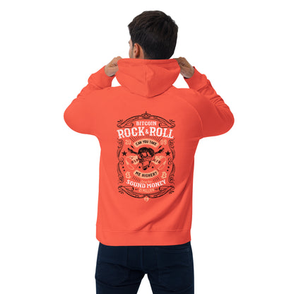 Person wearing an orange hoodie with a  bitcoin rock-n-roll graphic design on the back, standing against a white background