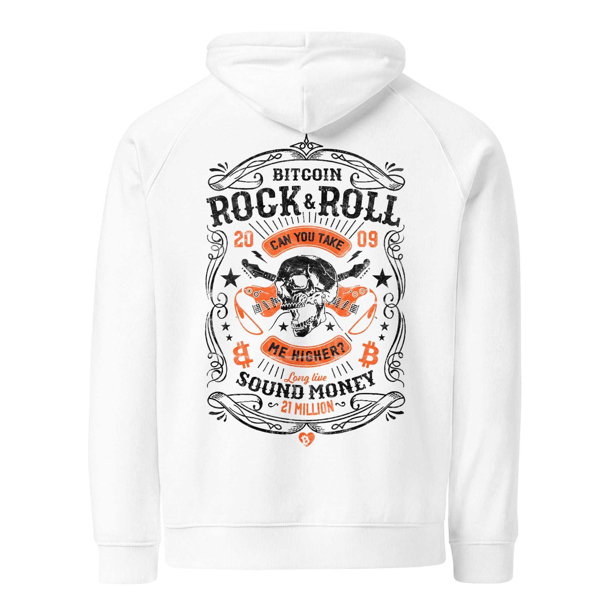White hoodie with Bitcoin Rock & Roll design on a white background
