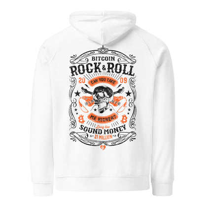 White hoodie with Bitcoin Rock & Roll design on a white background