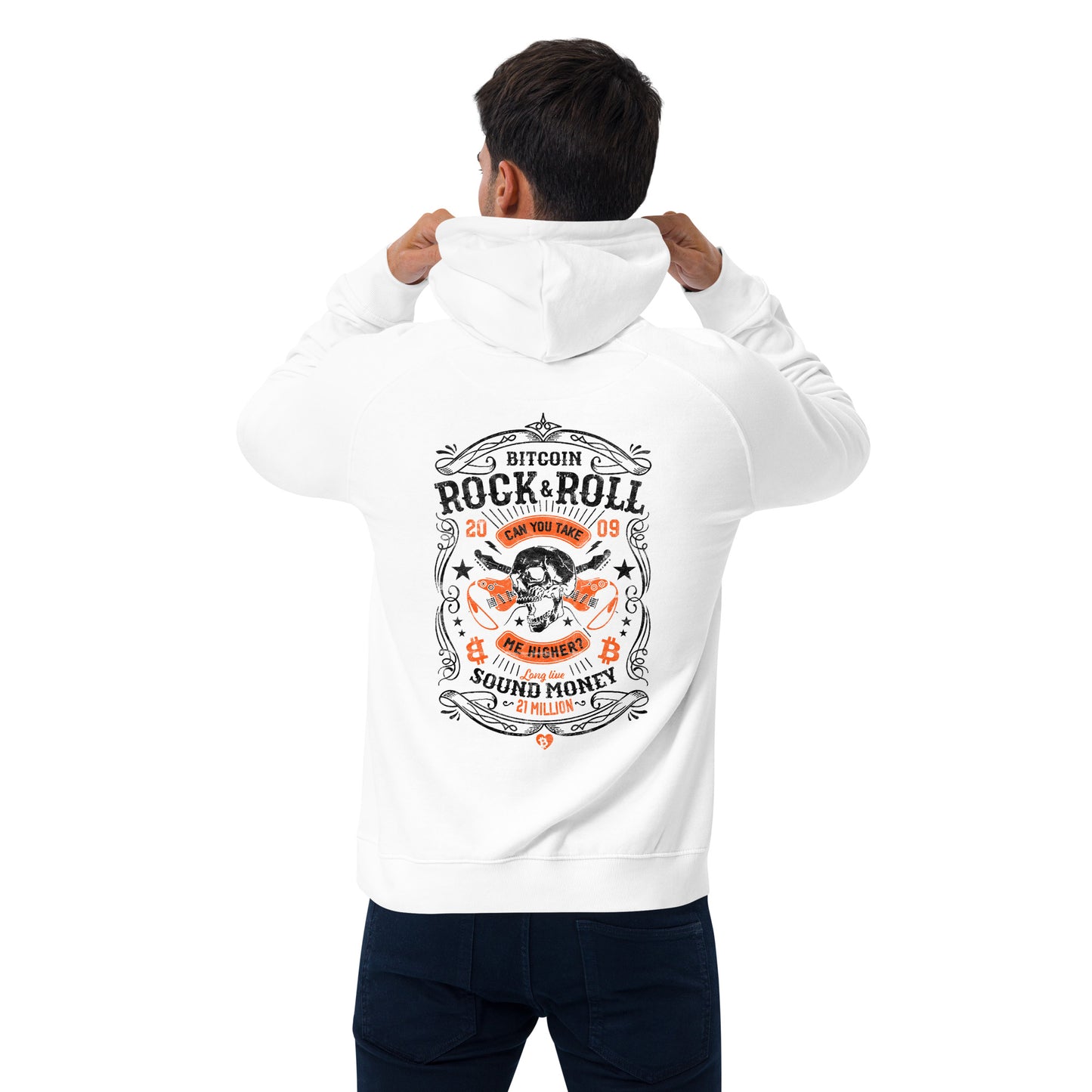 Person wearing a white hoodie with a graphic design bitcoin rock-n-roll on the back, standing against a white background