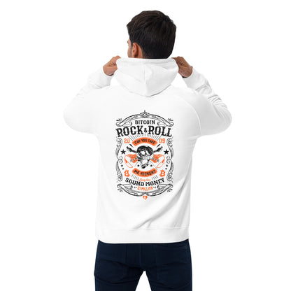 Person wearing a white hoodie with a graphic design bitcoin rock-n-roll on the back, standing against a white background