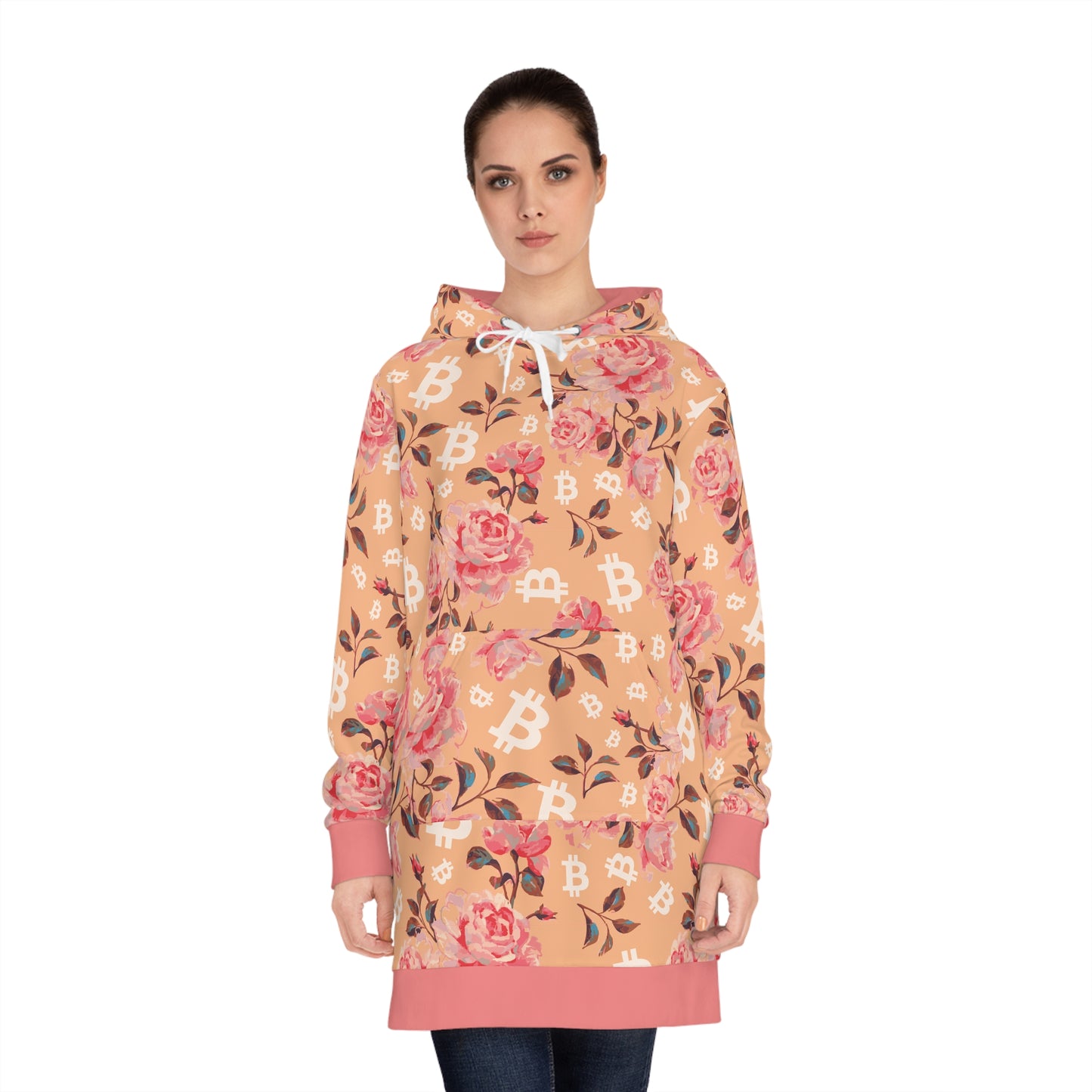 Woman wearing a bitcoin floral-patterned hoodie on a white background