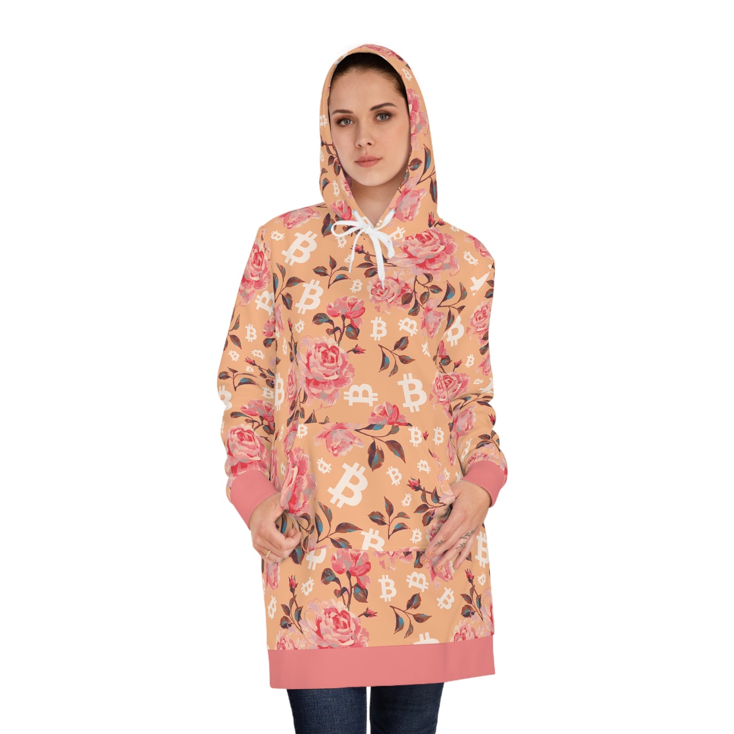 Woman wearing a bitcoin floral-patterned hooded raincoat on a white background