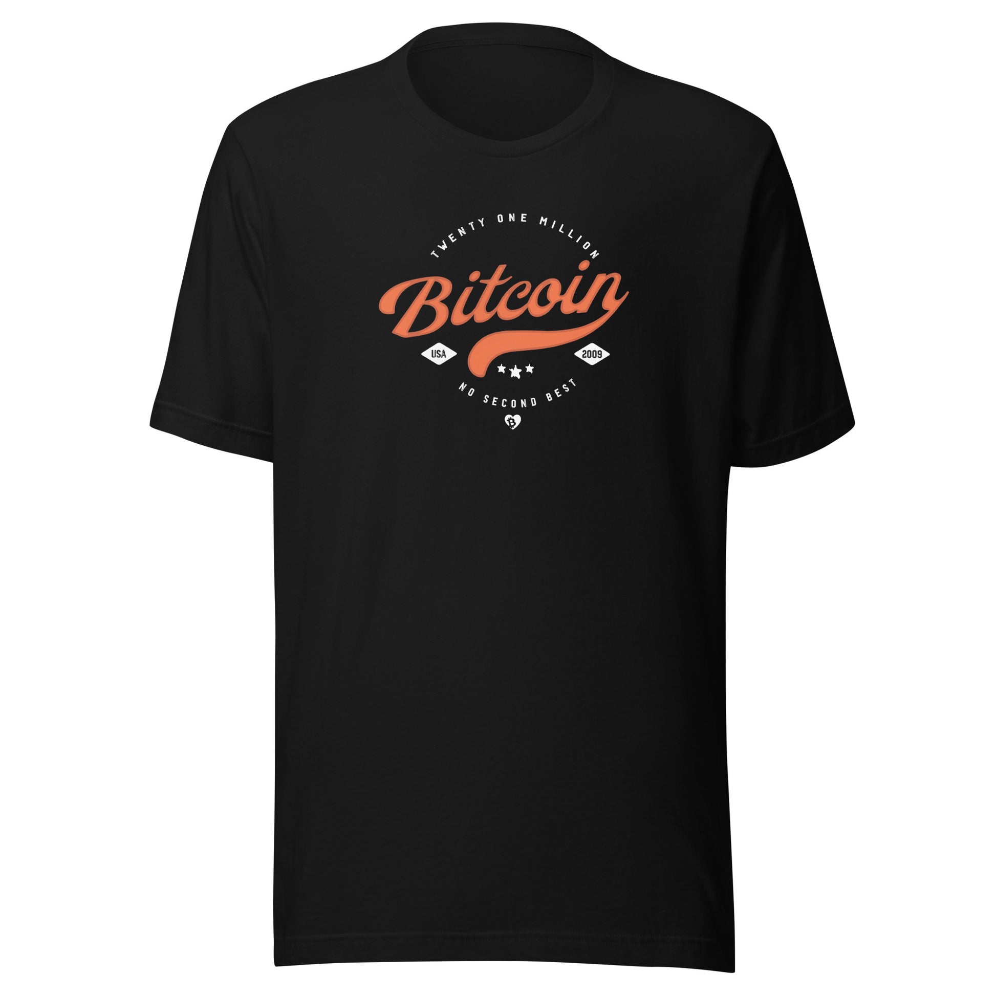 Black t-shirt with Bitcoin logo and text on a white background