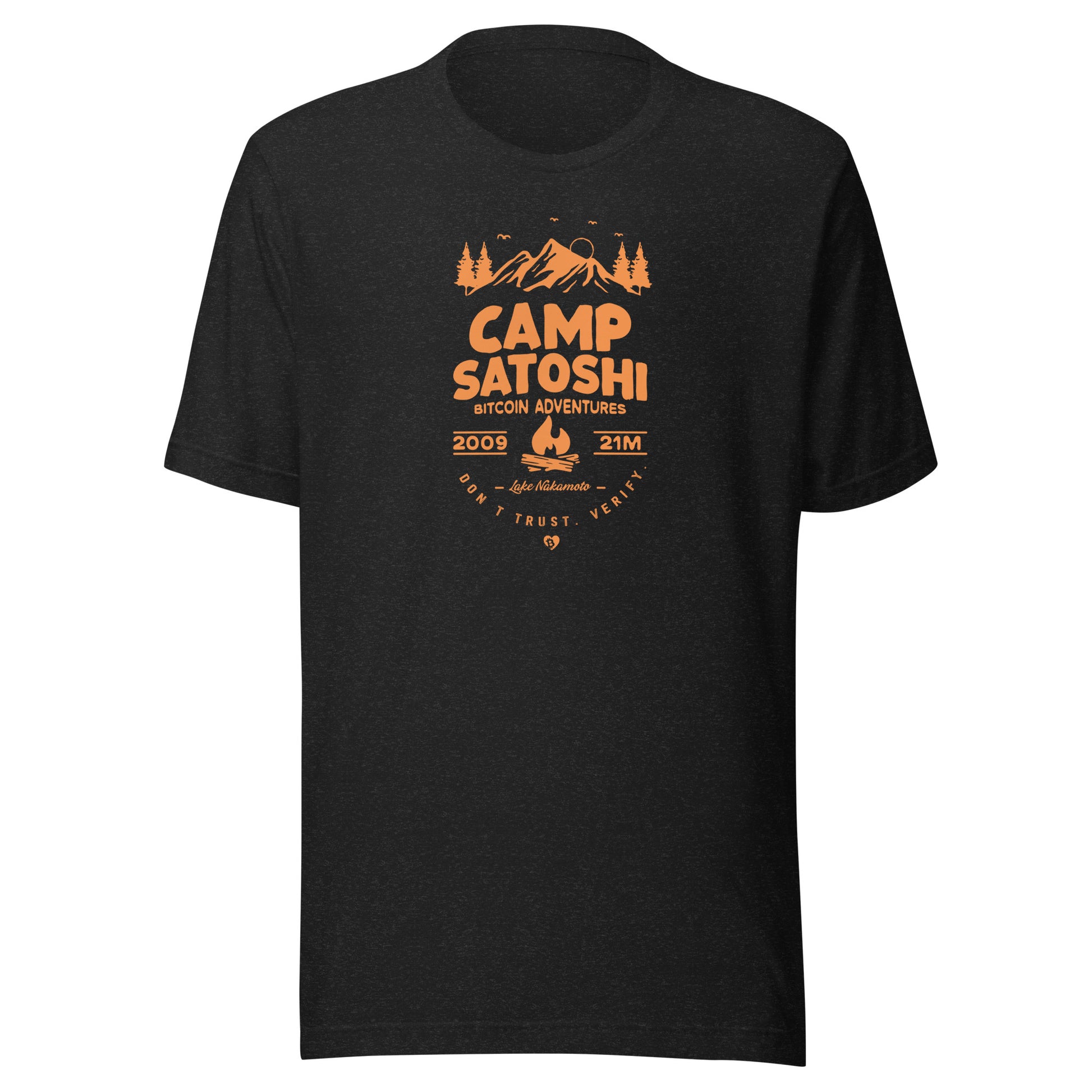 Black t-shirt with orange 'Camp Satoshi' graphic on a white background