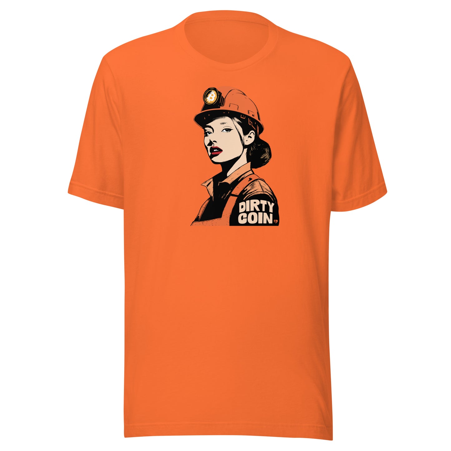Orange t-shirt with a graphic of a miner  wearing a bitcoin hard hat and 'DIRTY COIN' text on a white background