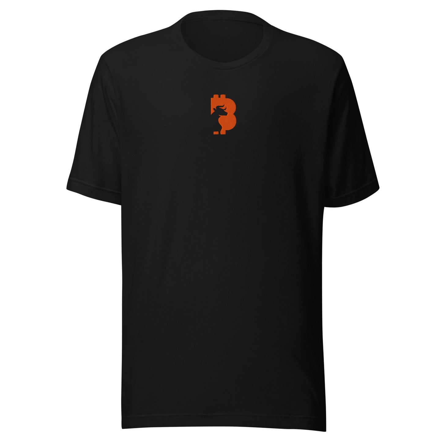 Black t-shirt with an orange  bitcoin.  bull logo on a white background