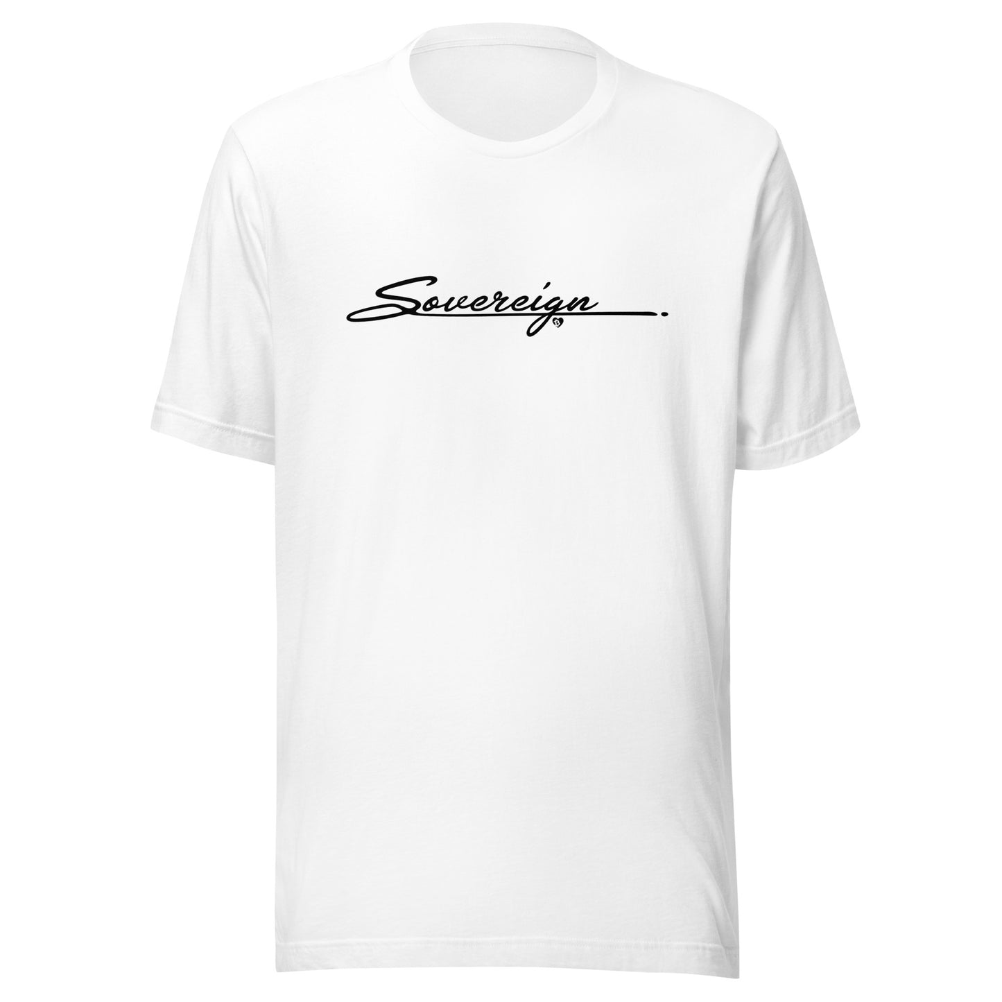 White t-shirt with 'Sovereign' text on a white background
