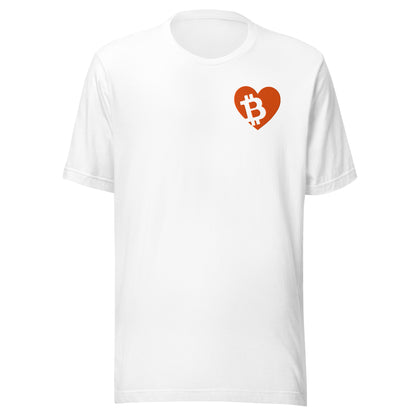 White t-shirt with a red heart-shaped Bitcoin logo on a white background