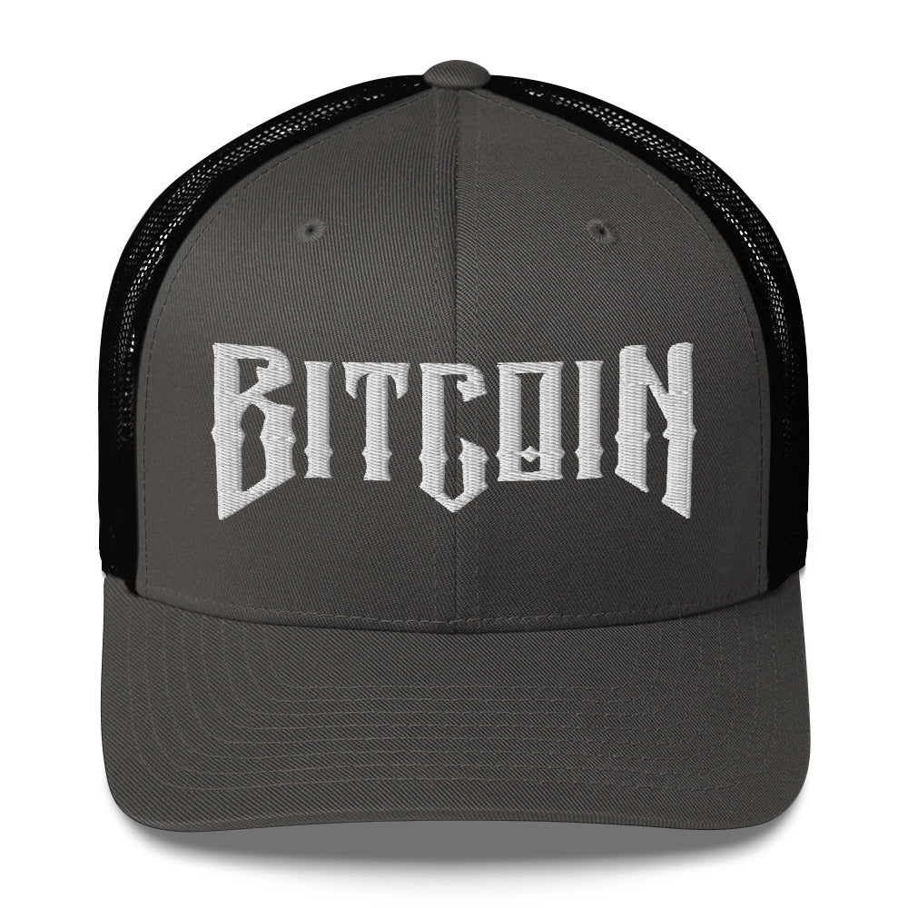Black cap with 'BITCOIN' text on a white background