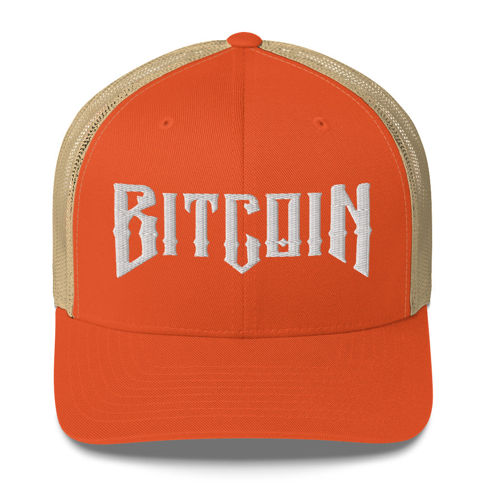 Orange cap with 'BITCOIN' embroidered on it against a white background