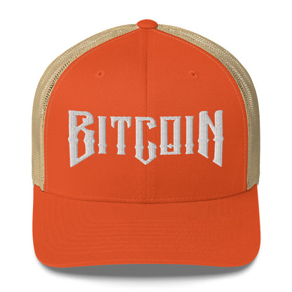 Orange cap with 'BITCOIN' embroidered on it against a white background