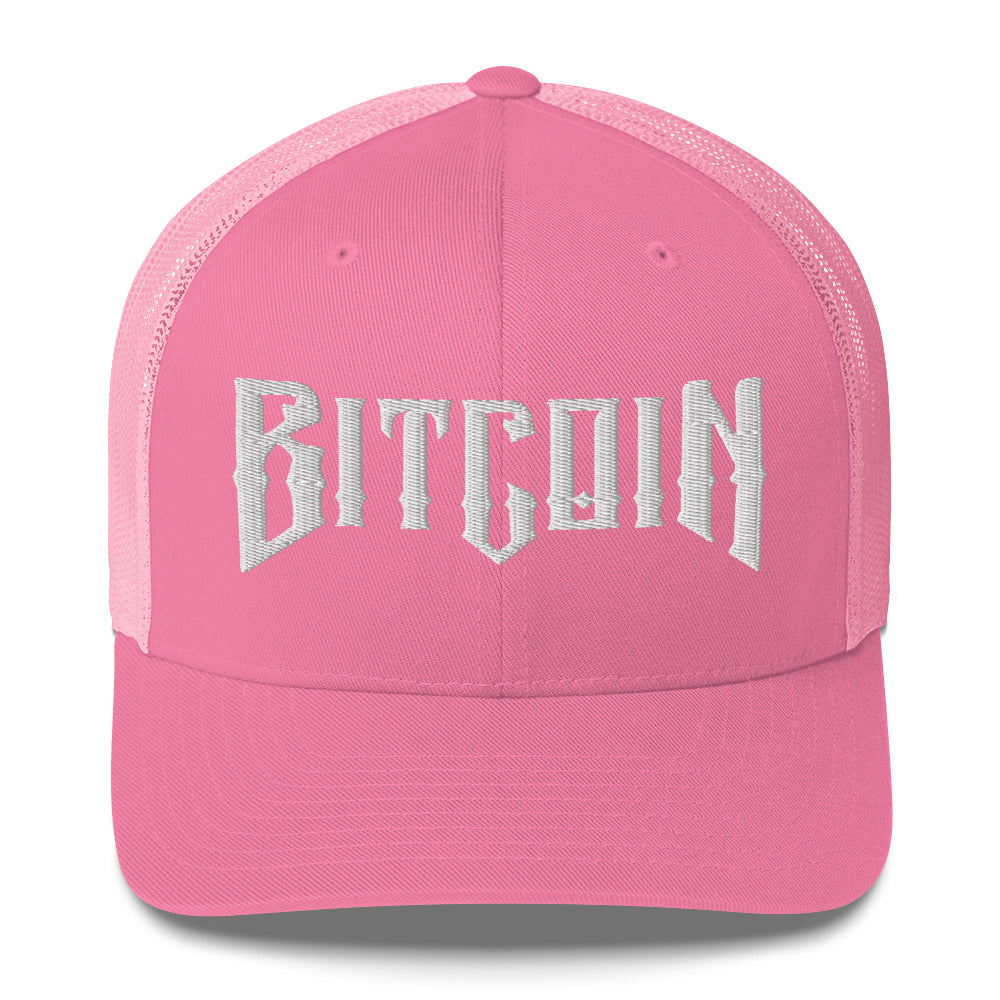 Pink cap with 'BITCOIN' text on a white background