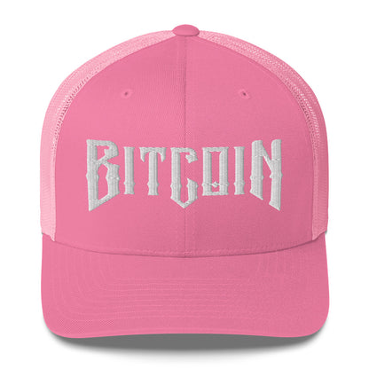 Pink cap with 'BITCOIN' text on a white background