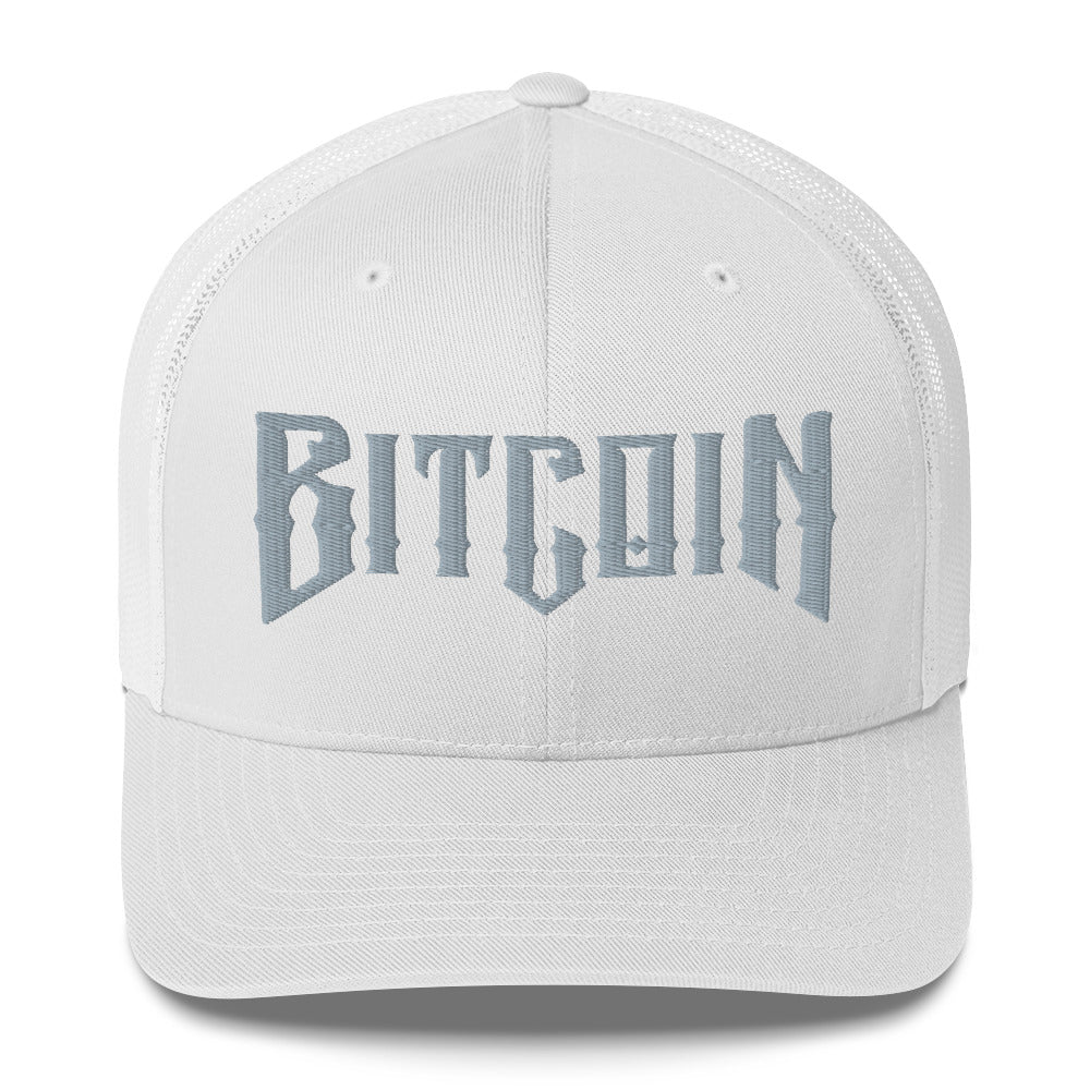 White cap with 'BITCOIN' text on a white background