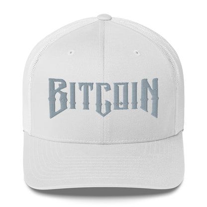 White cap with 'BITCOIN' text on a white background