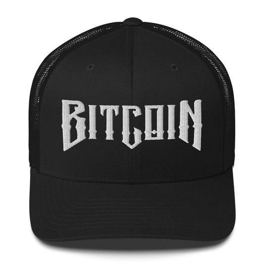 Black cap with 'BITCOIN' text on a white background