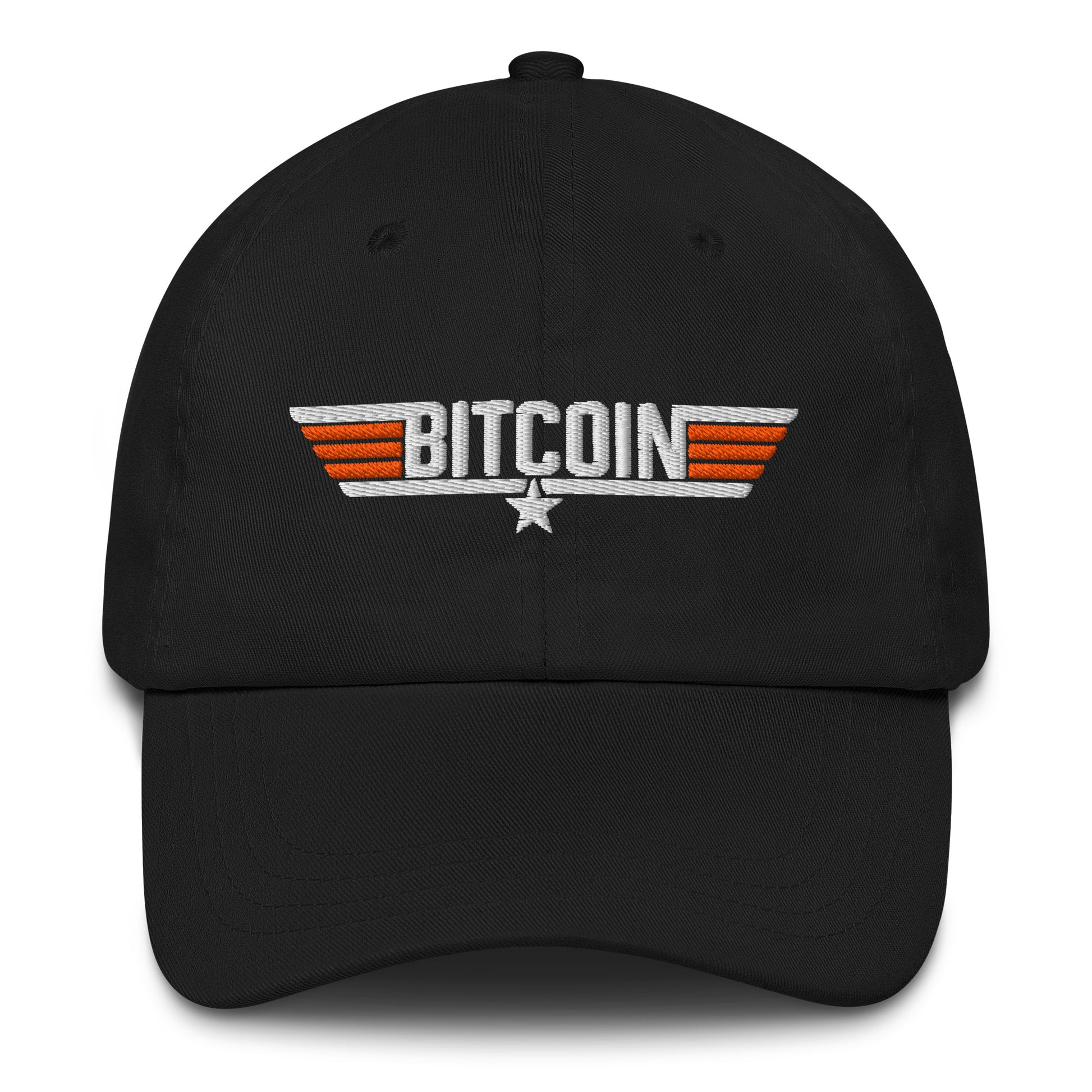Black cap with Bitcoin top coin logo on a white background