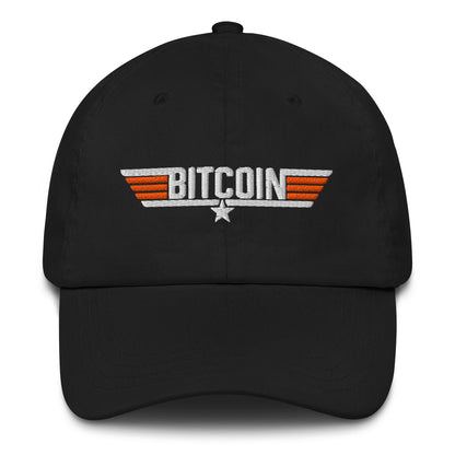 Black cap with Bitcoin top coin logo on a white background