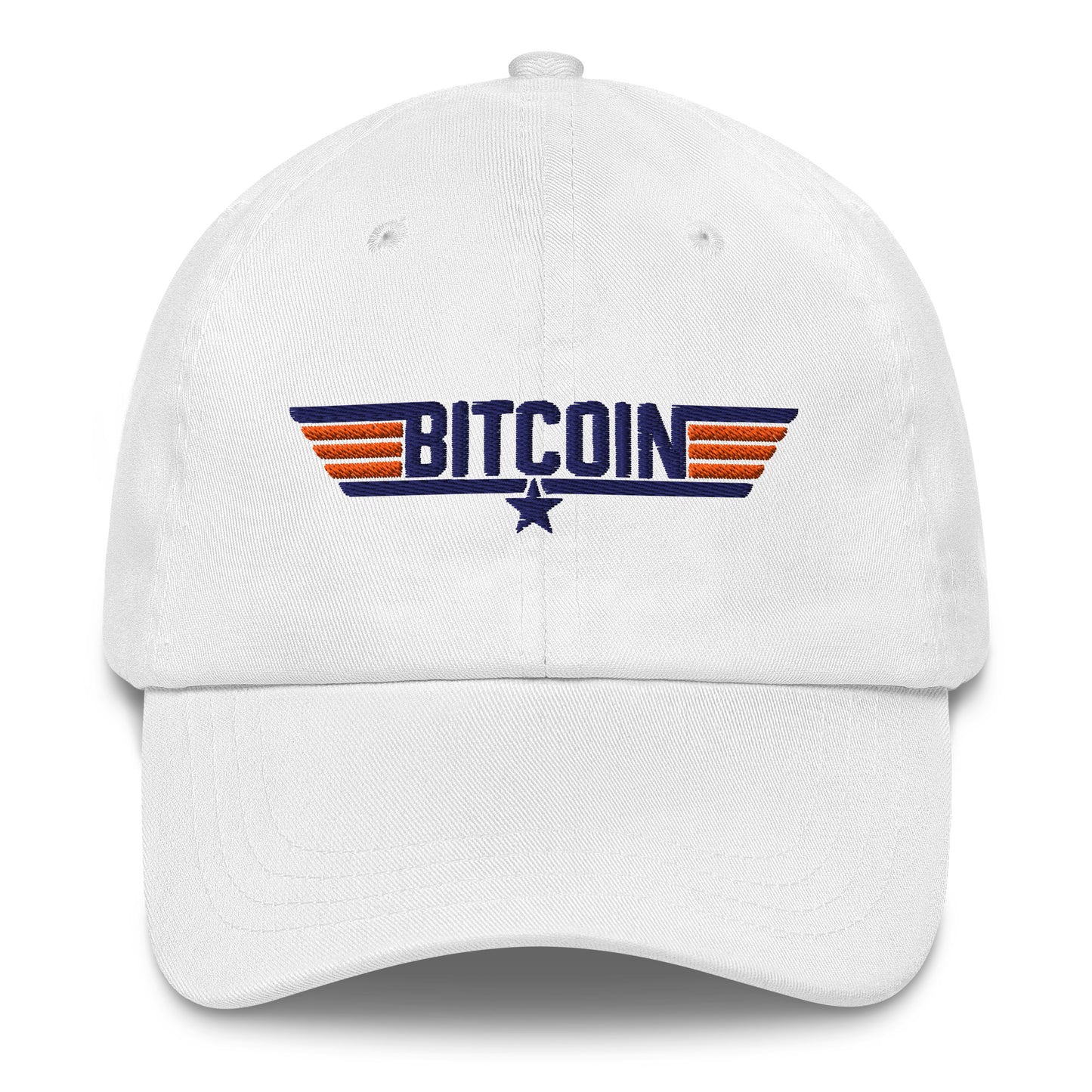 White cap with Bitcoin top coin logo on a white background