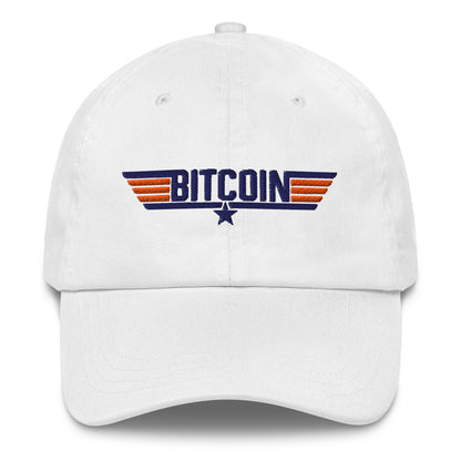 White cap with Bitcoin top coin logo on a white background