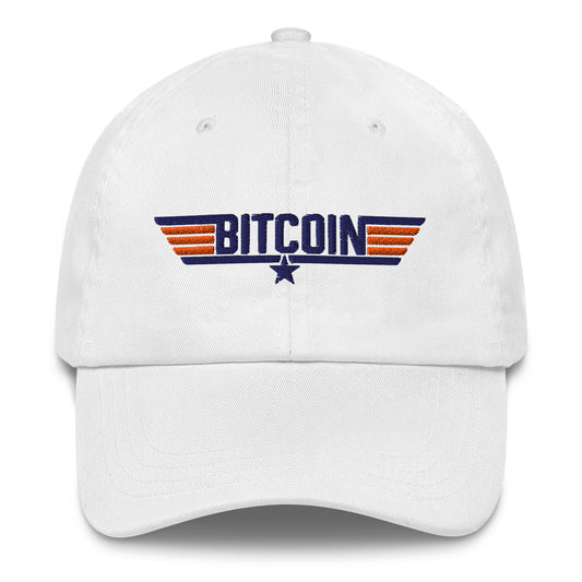 White cap with Bitcoin top coin logo on a white background