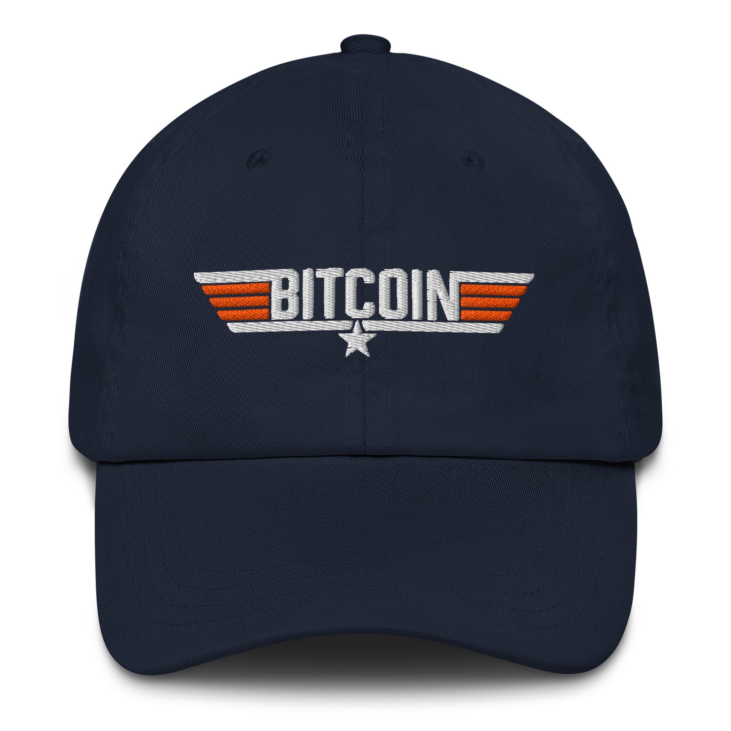 Navy blue cap with Bitcoin top gun logo on a white background